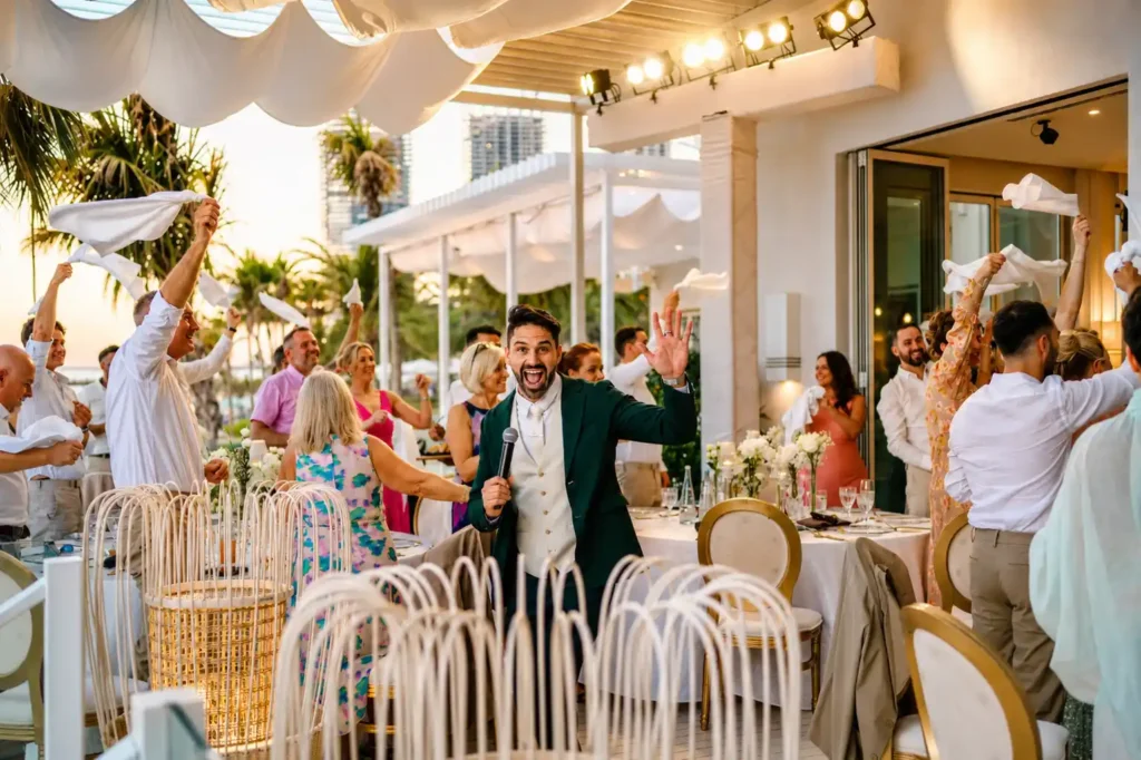 Wedding MC coordinating entertainment and wedding timeline during a luxury wedding reception.